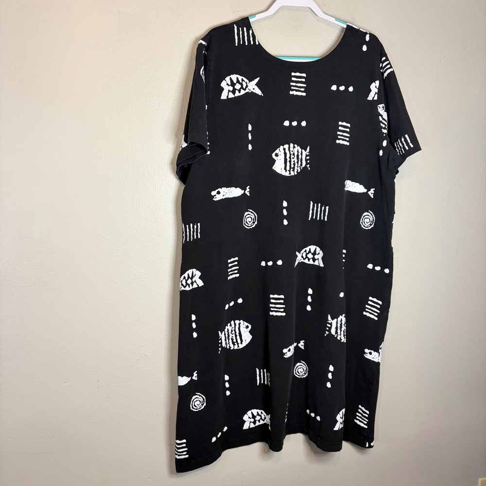 M. MAC Vermont Country Store Black Tribal Fish Cotton T-Shirt Dress 3X VT-79658